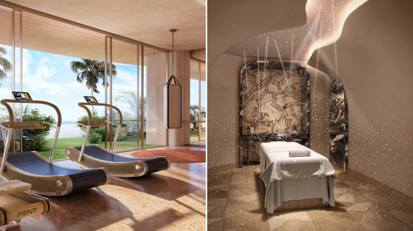 The image offers a divided view: on the left, a gym with treadmills and punching bag overlooking the serene Asora Bay through large windows; on the right, a massage room in Dubai with mood lighting and abstract wall art.