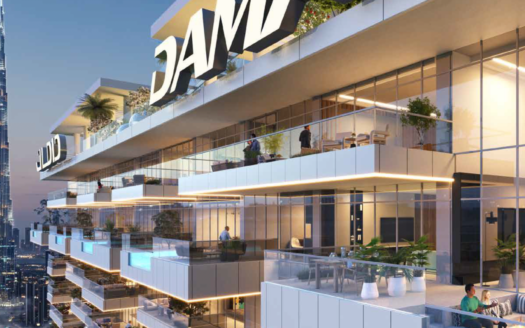 High-rise luxury building with separate terraces adorned with plants and lounge areas, proudly displaying a large "Damac" sign. The Burj Khalifa in the distance adorns the twilight sky, offering a breathtaking view from the Safa Gate.