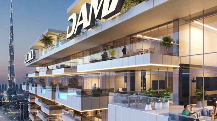 High-rise luxury building with separate terraces adorned with plants and lounge areas, proudly displaying a large "Damac" sign. The Burj Khalifa in the distance adorns the twilight sky, offering a breathtaking view from the Safa Gate.