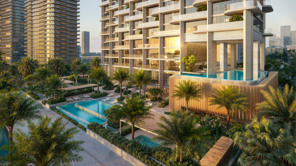 Luxurious skyscrapers with large windows overlook a landscape of palm trees and two modern swimming pools. A rooftop pool offers breathtaking views of the city in the distance, framed by clear, sunny skies.