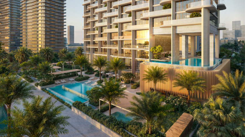 Modern skyscrapers with large glass facades surround a lush courtyard adorned with palm trees and multiple blue pools. The elevated pools add a luxurious touch to the urban setting, embodying the innovative spirit of the Atelis design district.
