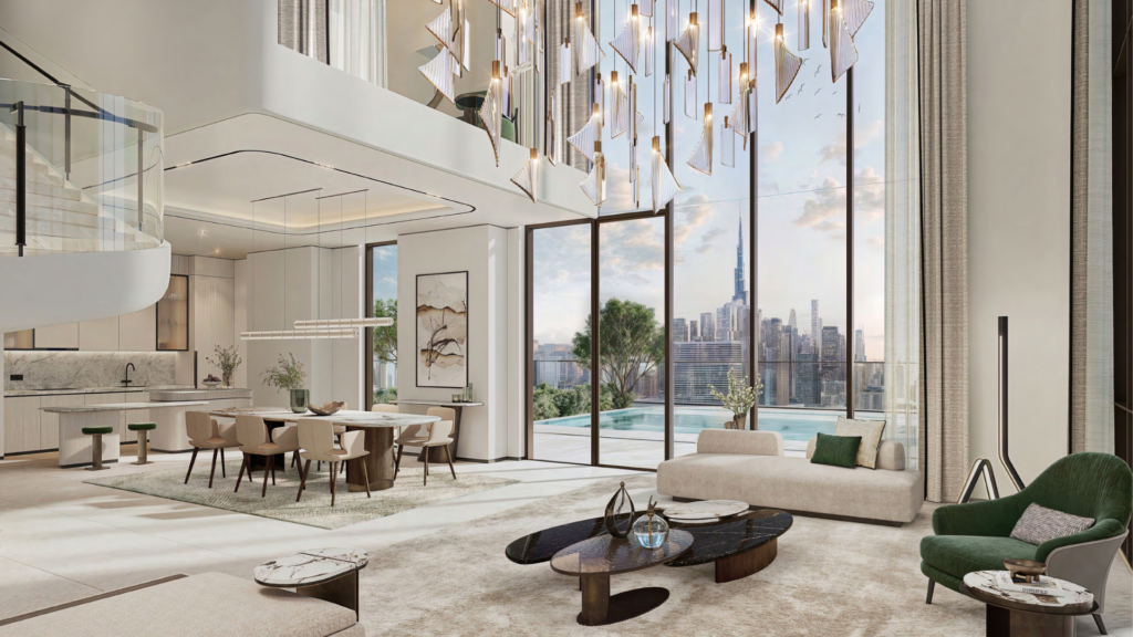 Luxurious open-plan living room with bay windows, city views and poolside terrace. Modern furnishings, minimalist kitchen, elegant chandelier and spiral staircase. Elegant decor in cream, green and brown tones.