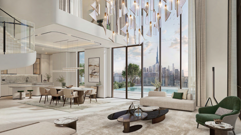 Luxurious living room with high ceiling and modern decor, featuring elegant chandeliers, a large glass wall overlooking the city's rooftops in the prestigious Atelis Design District, an open dining room with contemporary furniture and an outdoor pool on the terrace.