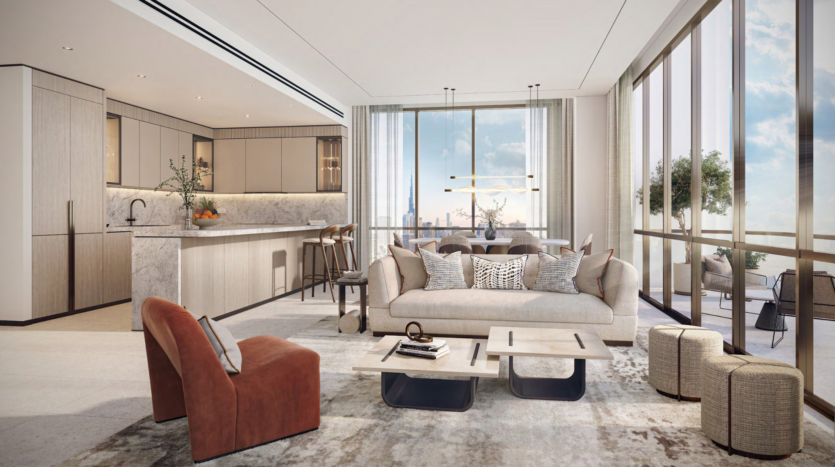 Located in the lively Atelis Design District, this spacious modern living room features a large beige sofa, brown armchair and nest of nesting tables. Large bay windows offer natural light and stunning city views, while neutral tones and elegant furnishings exude sophistication.