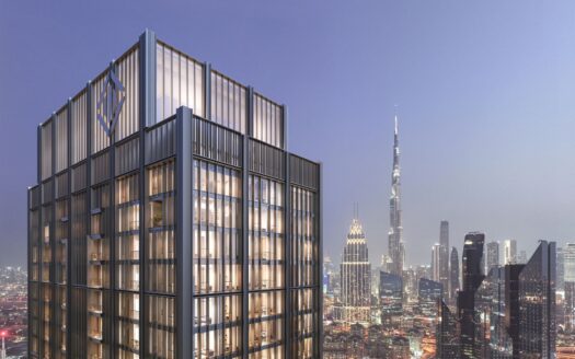 A modern skyscraper with illuminated windows stands proudly on the heights of the DIFC at dusk. In the background, other tall buildings, including a distinctive needle-shaped tower, stand out against the clear sky.