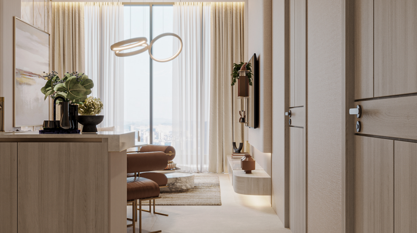 Modern living room with beige tones, minimalist furnishings and a flowery sky visible through a large window with transparent curtains. Circular hanging lights and decorative plants on a sideboard complete this warm, elegant space bathed in natural light.