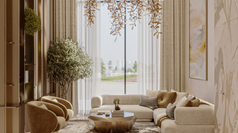A modern living room with cream-colored sofas, gold accent chairs, a geometric coffee table, a large potted tree, abstract artwork and floor-to-ceiling curtains shining under a sky of flowers next to a branch-shaped chandelier and a large window.