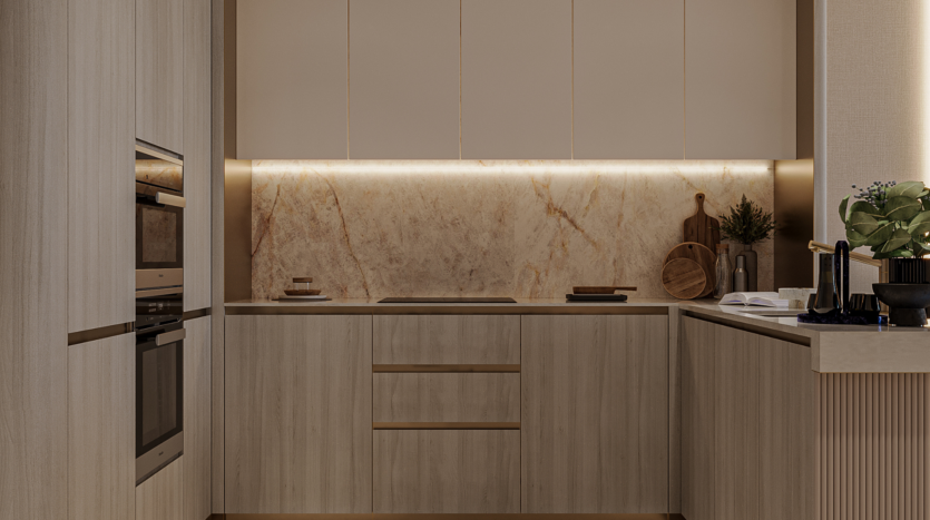 Modern kitchen with light wood cabinets, marble credenza and built-in oven. Under-cabinet lighting reinforces the sleek, minimalist look, while touches of floral sky add a fresh touch to the worktops, complete with chopping boards, plant and essential accessories.