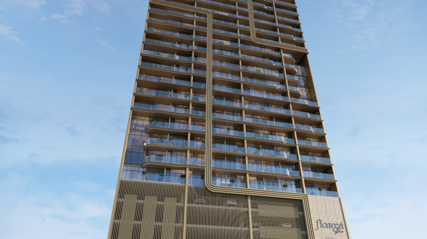 A modern high-rise building with glass balconies and distinctive vertical and horizontal lines rises against the sky of the floral zone, seen from a low angle against a blue sky with scattered clouds.