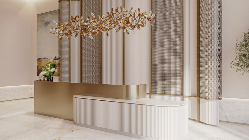 A modern reception space with a curved white and gold desk, textured floral sky-inspired wall panels, a sculptural gold and glass chandelier, a large abstract painting and a vase with green plants on the countertop.