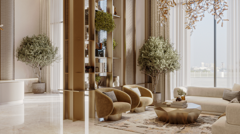 A modern, elegant living room with golden accents, soft armchairs, a geometric coffee table, large potted trees and large picture windows framing a bright floral sky. Natural light bathes the space under a decorative light fixture.