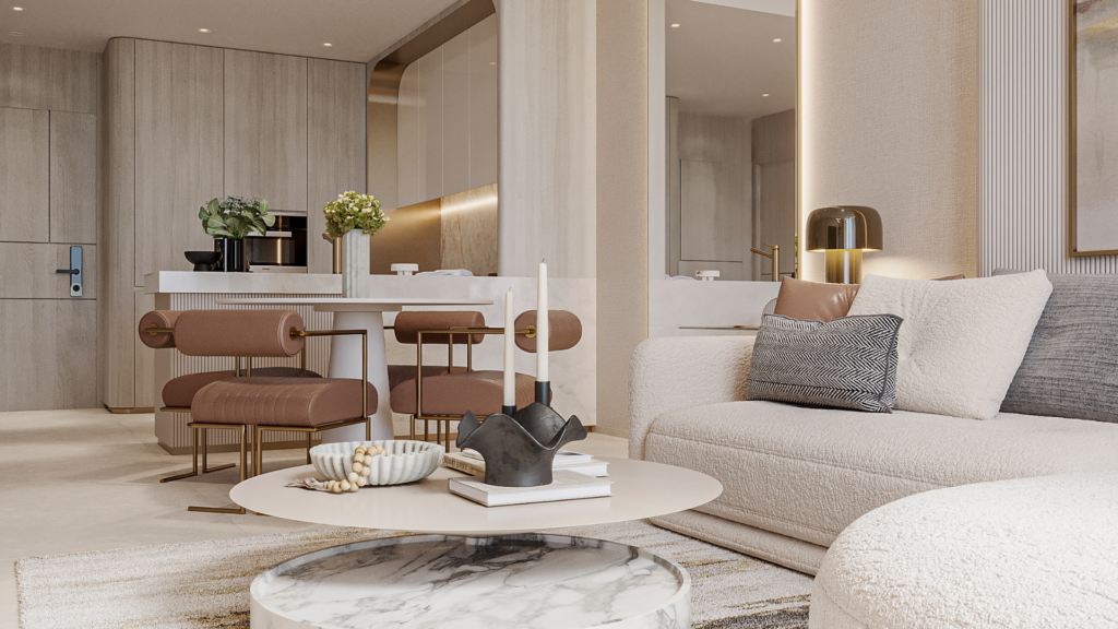 A modern living room in neutral tones with a round marble coffee table, a beige sofa and an open dining area with brown chairs and a white table. Floarea Skies decorative accents and subdued lighting create a warm ambience.