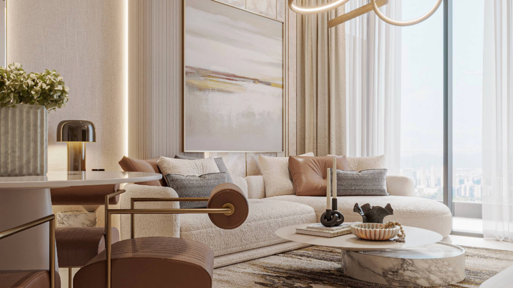 Elegant living room with beige corner sofa, abstract wall art and modern lighting. A round marble coffee table hosts decorative objects and a candle. Picture windows flood the space with natural light reminiscent of the Floarea sky, while a flowering vase adorns a nearby surface.