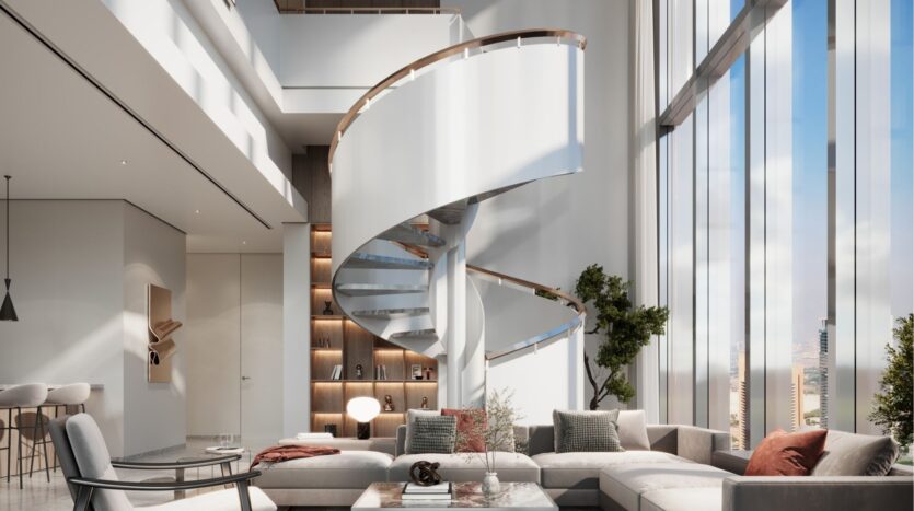 Luxurious modern living room in DIFC Heights, featuring a grand spiral staircase and bay windows, the space includes a corner sofa in neutral tones, decorative plants and built-in shelving with mood lighting, all enhanced by stunning city views.