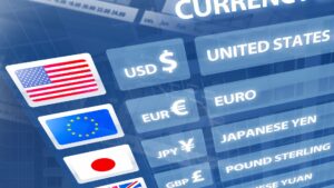 Un tableau de change numérique affiche des drapeaux, des codes de devises et des noms : USD États-Unis, EUR Euro, JPY Yen japonais, GBP Livre sterling, CNY Yuan chinois, avec un taux de change à jour pour ceux qui cherchent à investir.