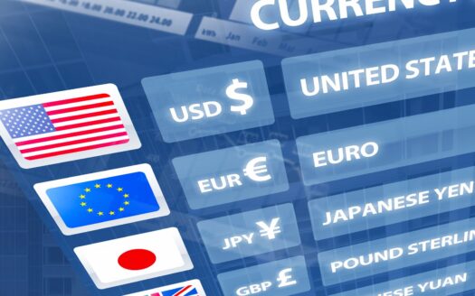 Eine digitale Wechselkurstabelle zeigt Flaggen, Währungscodes und Namen an: USD USA, EUR Euro, JPY Japanischer Yen, GBP Britisches Pfund, CNY Chinesischer Yuan, mit einem aktuellen Wechselkurs für diejenigen, die eine Investition suchen.