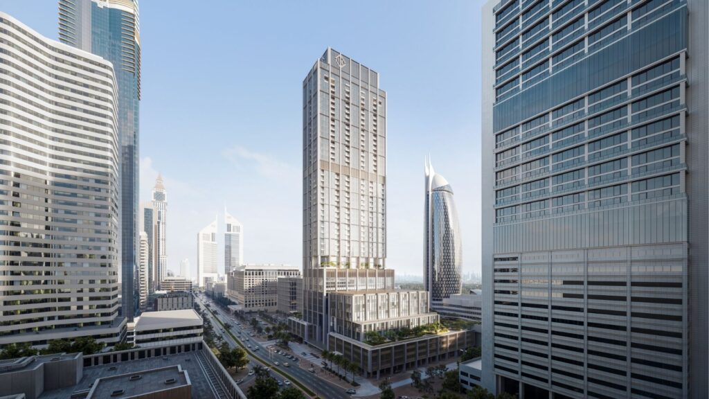 An urban landscape with tall modern skyscrapers and a lively street in DIFC Heights. The buildings feature glass facades and a mix of architectural styles. The sky is clear, a sign of a sunny day.