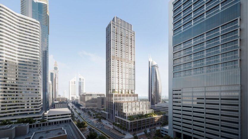 An urban landscape with tall modern skyscrapers and a lively street in DIFC Heights. The buildings feature glass facades and a mix of architectural styles. The sky is clear, a sign of a sunny day.
