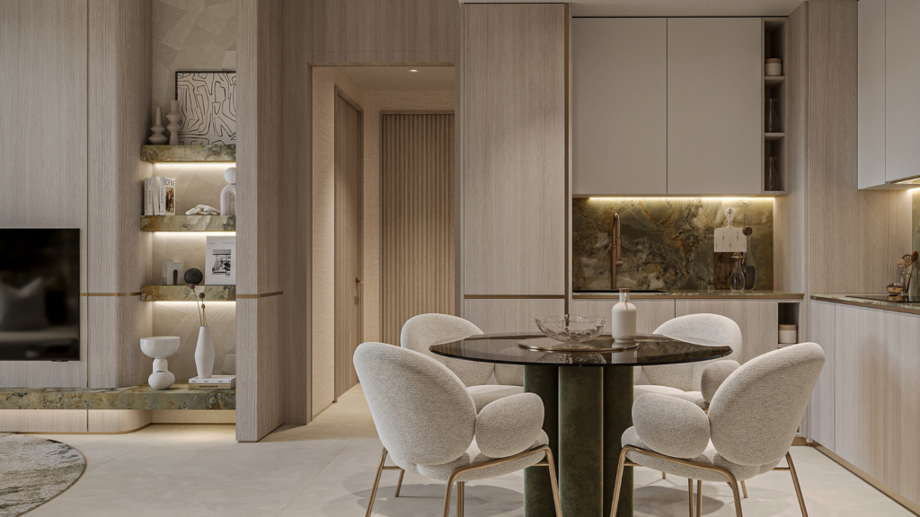 Une cuisine et une salle à manger modernes à Arlington Park Dubaï, avec des armoires en bois clair, une table à manger ronde noire, quatre chaises blanches rembourrées, des étagères intégrées avec décoration et un éclairage ambiant doux.