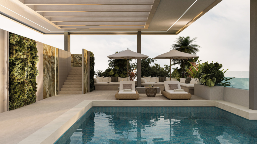 Terrasse extérieure moderne à Arlington Park Dubaï avec une piscine, deux chaises longues, des parasols, un coin salon, des plantes luxuriantes et un mur de jardin vertical, le tout sous une pergola partiellement couverte avec éclairage ambiant.
