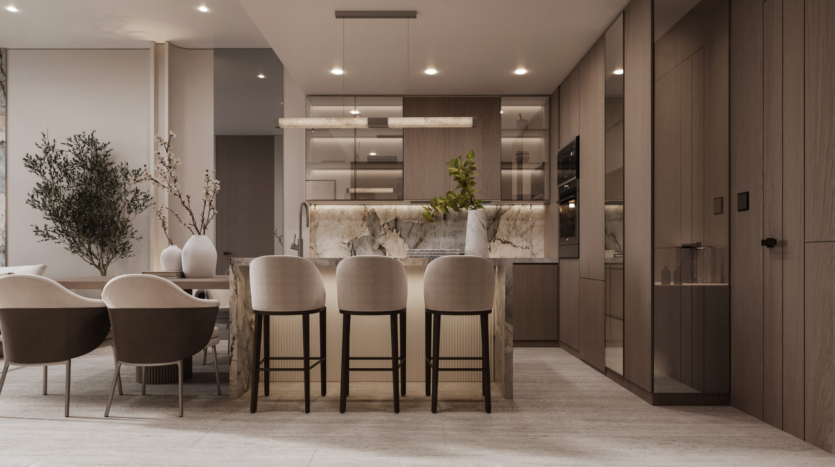 Modern kitchen and dining room with marble island, four beige bar stools, elegant cabinetry, built-in appliances and decorative plants, with neutral tones and minimalist lighting.