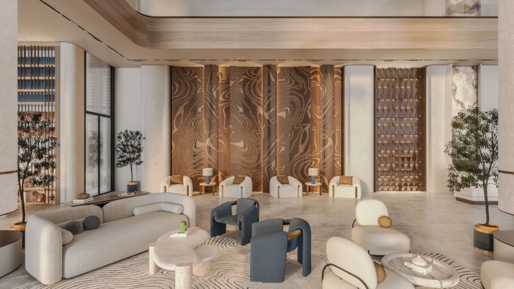 A modern, spacious hotel lobby with neutral-toned furnishings, abstract-patterned walls, indoor plants and large windows letting in natural light. The lounge area features comfortable armchairs, sofas and small tables.