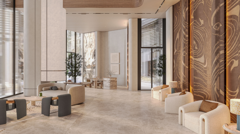 Luxurious, modern hotel lobby with high ceilings, neutral-toned furniture, textured walls, large windows, marble floors, potted plants and elegant lighting, creating a spacious, welcoming atmosphere.