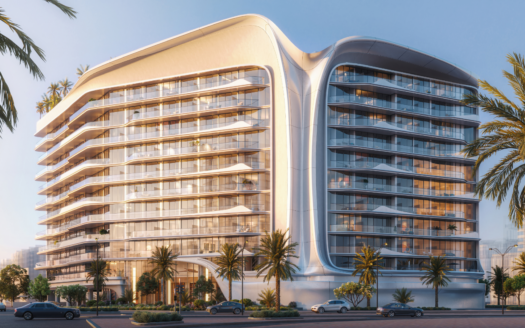 A modern, multi-storey apartment building with clean, curved architectural lines and large balconies, surrounded by palm trees and lit by the warmth of the sun, stands next to a street with parked cars.