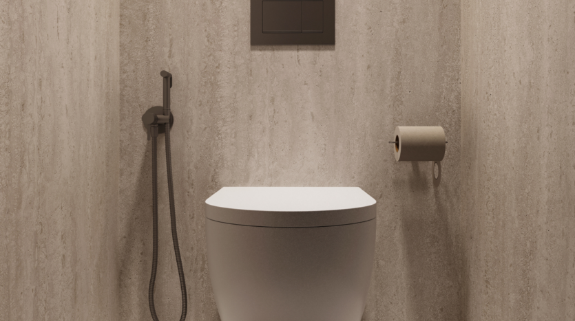 A modern bathroom with a white toilet, a black bidet on the left, a black flush panel above and a toilet roll holder fixed to the right-hand wall. The walls have a beige imitation-stone texture.