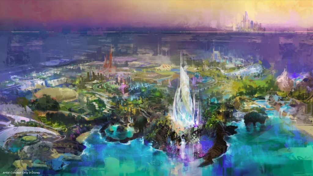 Concept art colorata per un parco futuristico ispirato a Disneyland, con edifici dinamici, vegetazione lussureggiante, giochi d'acqua e una torre centrale luminosa, sullo sfondo del lontano orizzonte di Abu Dhabi, sotto un cielo viola e giallo.