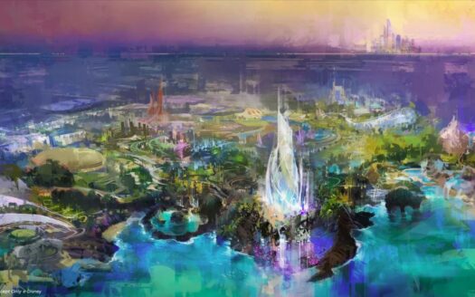 Farbenfrohe Konzeptkunst eines futuristischen, von Disneyland inspirierten Parks mit dynamischen Gebäuden, üppiger Vegetation, Wasserspielen und einem leuchtenden zentralen Turm vor dem Hintergrund der fernen Skyline von Abu Dhabi unter einem violetten und gelben Himmel.