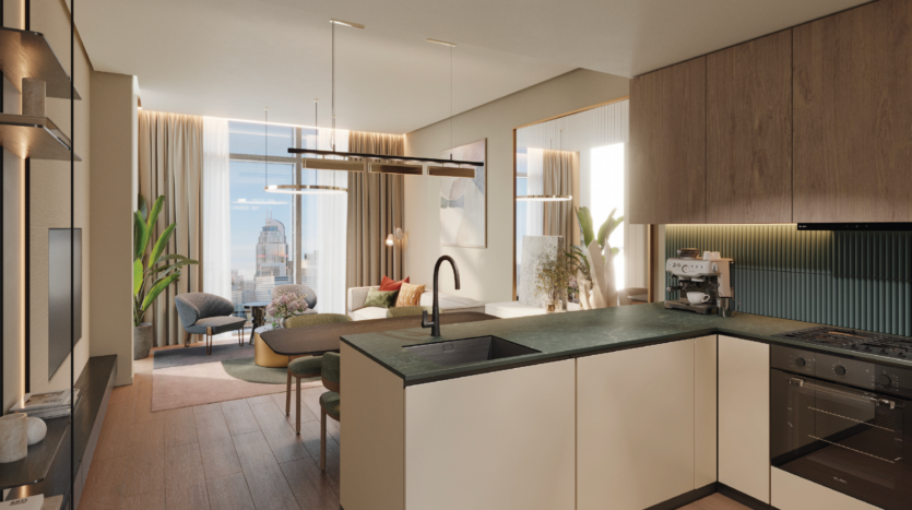 Cucina e soggiorno moderni a pianta aperta ispirati al DoubleTree by Hilton Dubai, con mobili eleganti, elettrodomestici integrati, ampie finestre con vista sulla città, piante, una comoda area salotto e toni neutri in tutto.