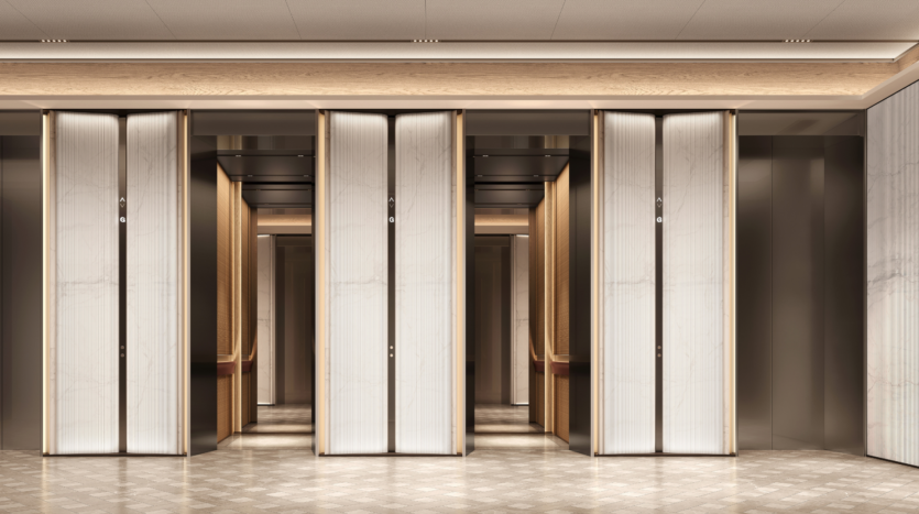 Un vestíbulo moderno y elegante con puertas plegables de mármol, cálidos detalles de madera y suelo de baldosas estampadas. La iluminación tenue crea un ambiente lujoso y simétrico.
