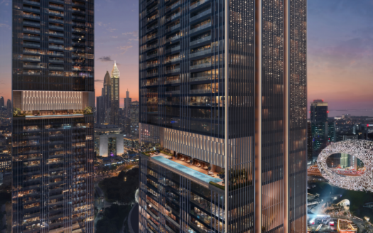 Two modern skyscrapers with illuminated windows, an outdoor pool and a half-height terrace overlook a twilight cityscape. The Museum of the Future and other skyscrapers can be seen in the background.