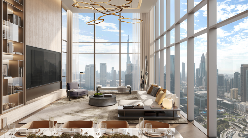 Un salón moderno y lujoso con grandes ventanales con vistas a la ciudad. El espacio incluye un gran sofá esquinero, iluminación contemporánea, decoración elegante y una mesa de comedor en primer plano.