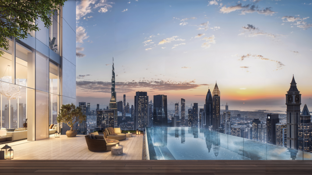Una lujosa terraza en la azotea con tumbonas, una moderna piscina infinita y farolillos ofrece vistas al horizonte futurista de la ciudad al atardecer, con rascacielos y un tranquilo ambiente urbano.