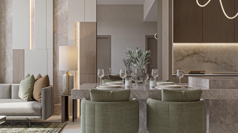 Modern dining room with marble table for four, green upholstered chairs and minimalist decor. Discover the refinement of Dubai's Provenza residences, where a gray sofa, table lamp and plants add a warm touch to this elegant space.