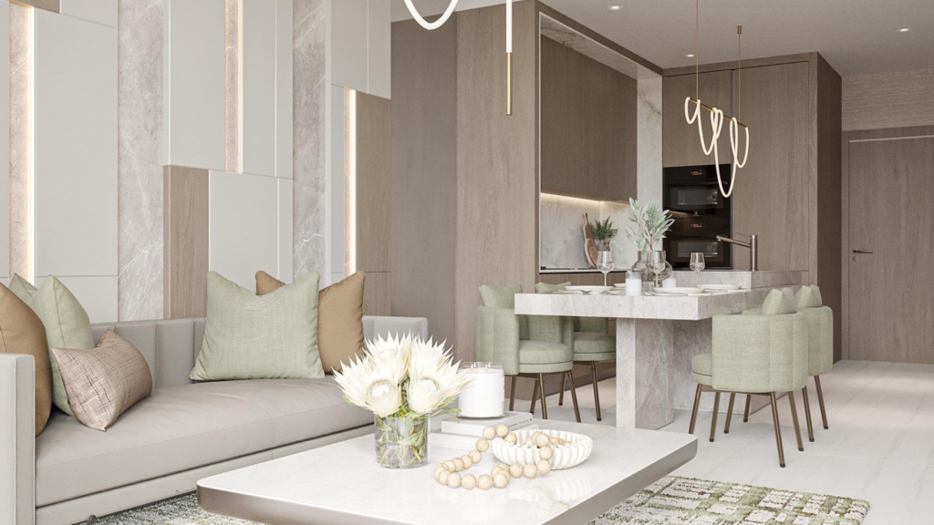 Provenza Residences Dubai's modern living and dining room features neutral tones, marble surfaces, touches of sage green, contemporary lighting and minimalist decor. A sofa, dining table with chairs and decorative plants create a warm atmosphere.