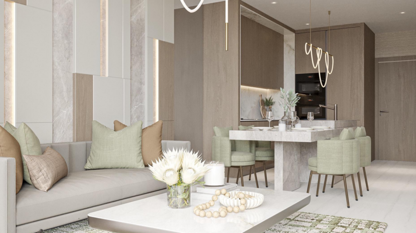 Provenza Residences Dubai's modern living and dining room features neutral tones, marble surfaces, touches of sage green, contemporary lighting and minimalist decor. A sofa, dining table with chairs and decorative plants create a warm atmosphere.