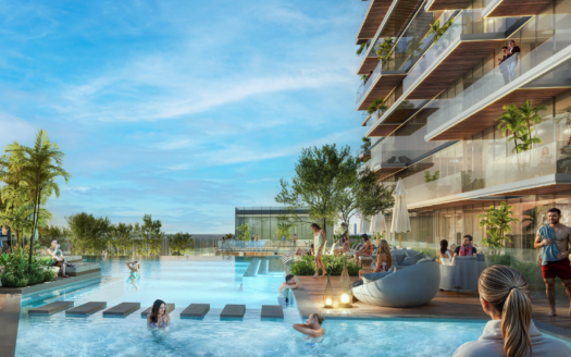 Die Besucher entspannen und baden in einem modernen Außenpool, der von Grünflächen und einem Gebäude mit Luxusappartements mit Balkonen umgeben ist. Der klare, blaue Himmel schafft eine vibrierende und einladende Atmosphäre.
