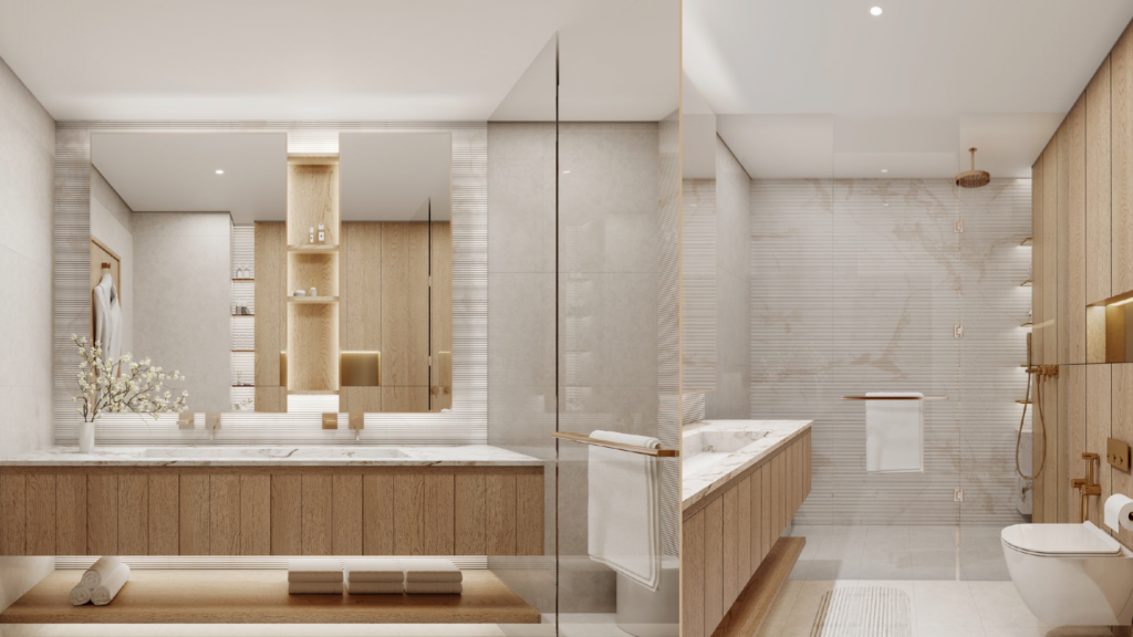 Bagno moderno con mobili in legno chiaro, doppio lavabo, grande specchio, cabina doccia in vetro, vasca da bagno, rubinetteria dorata e rivestimenti neutri. Luminoso, spazioso ed elegante, beneficia di una morbida illuminazione d'atmosfera.