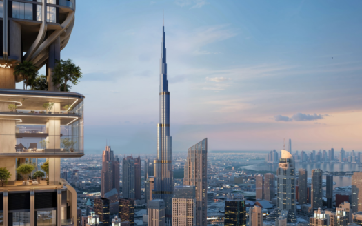 Modern cityscape at sunset, with the Burj Khalifa towering above Dubai's other skyscrapers. In the foreground, a raised balcony with plants and outdoor furniture overlooks the city.