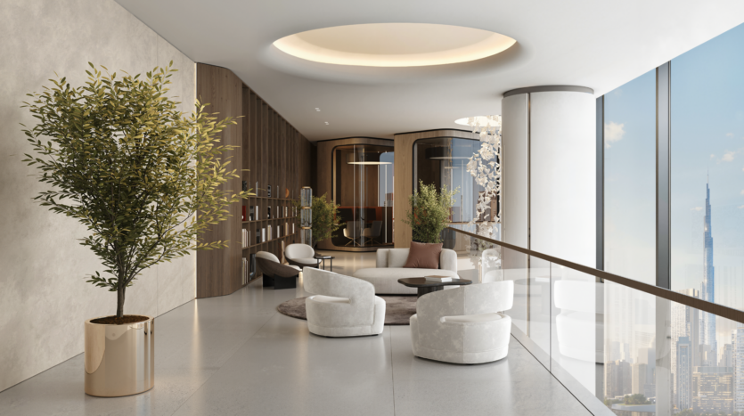 Modern living room with white chairs, round tables and potted plants, next to picture windows overlooking the city and the Burj Khalifa visible in the distance. Warm lighting and minimalist decor create a serene atmosphere.