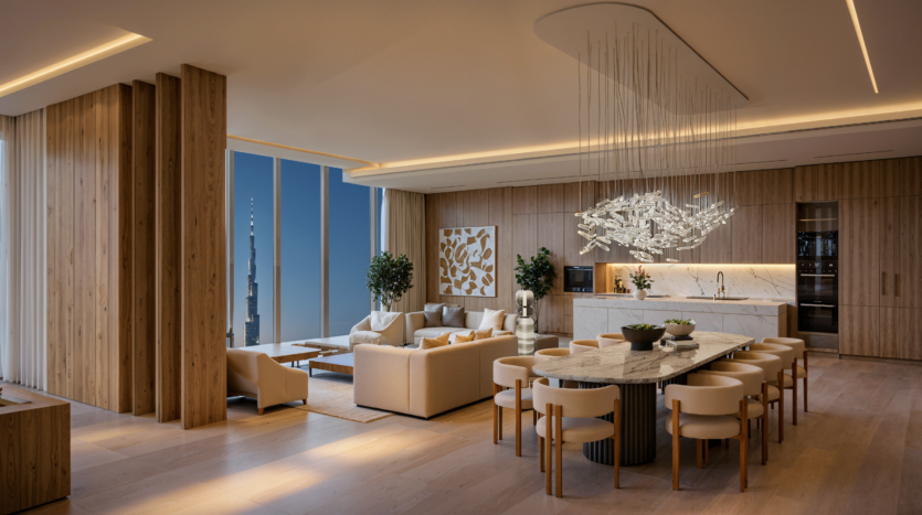 A modern, open-plan living and dining room with bay windows, light wood finishes, a marble dining table, cream sofas, a sculptural chandelier and a view of the city's rooftops.