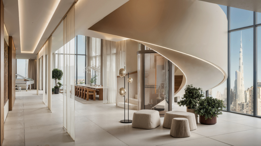 Modern luxury interior with spiral staircase, bay windows, elegant seating, potted plants, dining area and views of the city's rooftops, including the Burj Khalifa in the background.