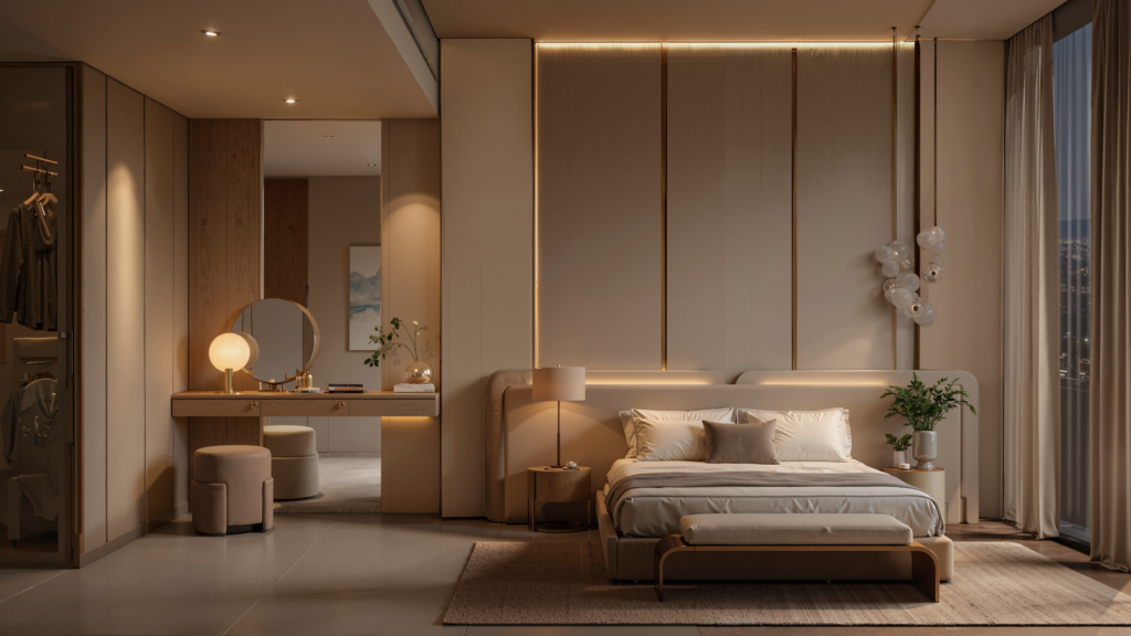 A modern, elegant bedroom with a neutral color palette, featuring a double bed, bedside tables, dressing table with round mirror, warm lighting, picture windows and minimalist decor.