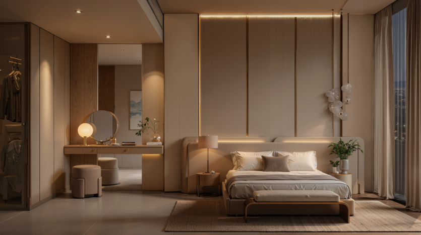A modern, elegant bedroom with a neutral color palette, featuring a double bed, bedside tables, dressing table with round mirror, warm lighting, picture windows and minimalist decor.