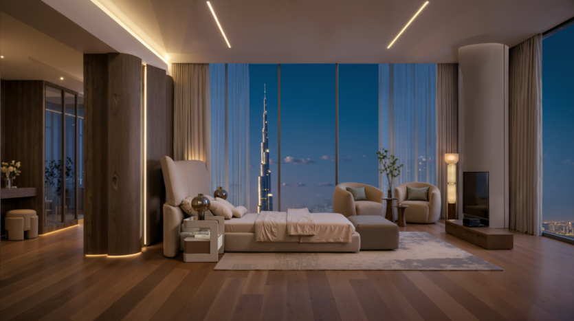 A modern, luxurious room with large picture windows, a night view of the city, warm parquet flooring, neutral-toned furniture and a view of the Burj Khalifa. Subdued lighting creates a warm, elegant atmosphere.