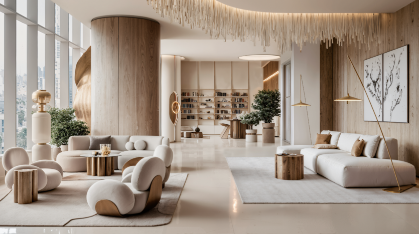 Luxurious modern living room with elegant white sofas, unique curved chairs, round wooden tables, bay windows, sculptural decor, plants and a wall of shelves in a bright, elegant open space.