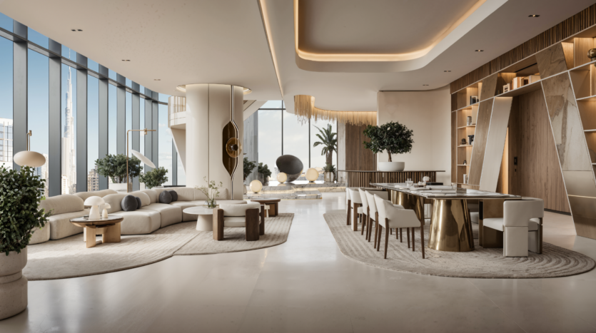 A spacious, modern living and dining room with large picture windows, neutral tones, plush furniture, a dining table with gold accents, built-in shelving and views of the cityscape in the background.
